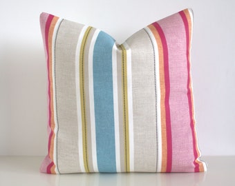 Funda de cojín de rayas multicolores en beige gris azul rosa, funda de almohada geométrica cuadrada, regalo para amantes modernos y contemporáneos