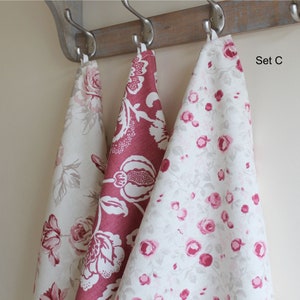 Mix and Match Tea Towel Set of 3 or 4, Shabby Chic Raspberry and White ...