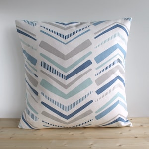Geometric Cushion Cover in Blue, Beige & White Cotton – Modern Pillow Cover, Handmade UK
