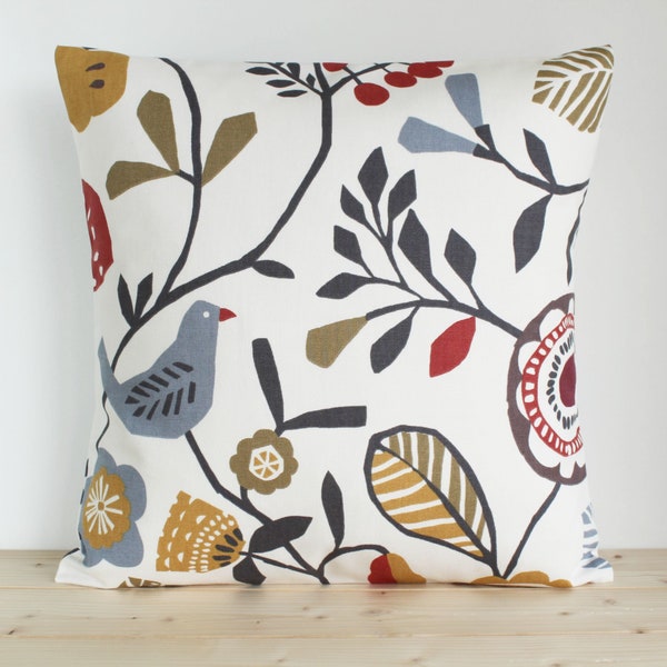 Blue and Red Scandinavian Pillow Cover, Flower and Bird Scandi Cushion Cover, 10x10 12x12 14x14, 16x16 18x18 20x20, Handmade in England