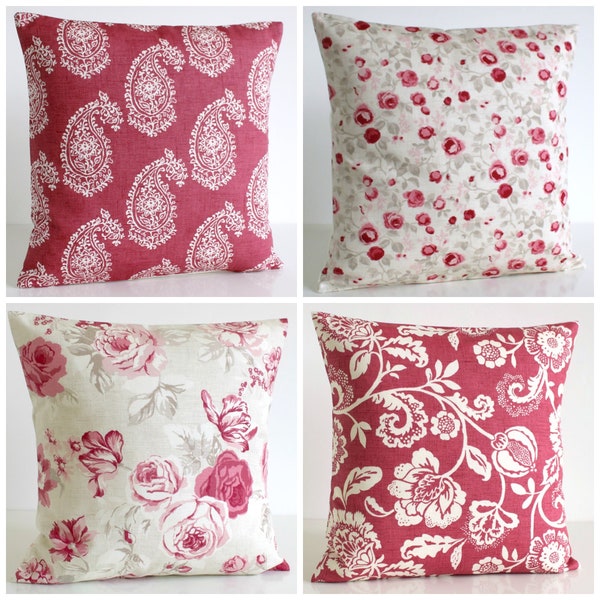 Raspberry and Beige Shabby Chic pillow cover, Square throw pillow, Floral Cushion Cover, cottage chic - Shabby Chic Raspberry Collection