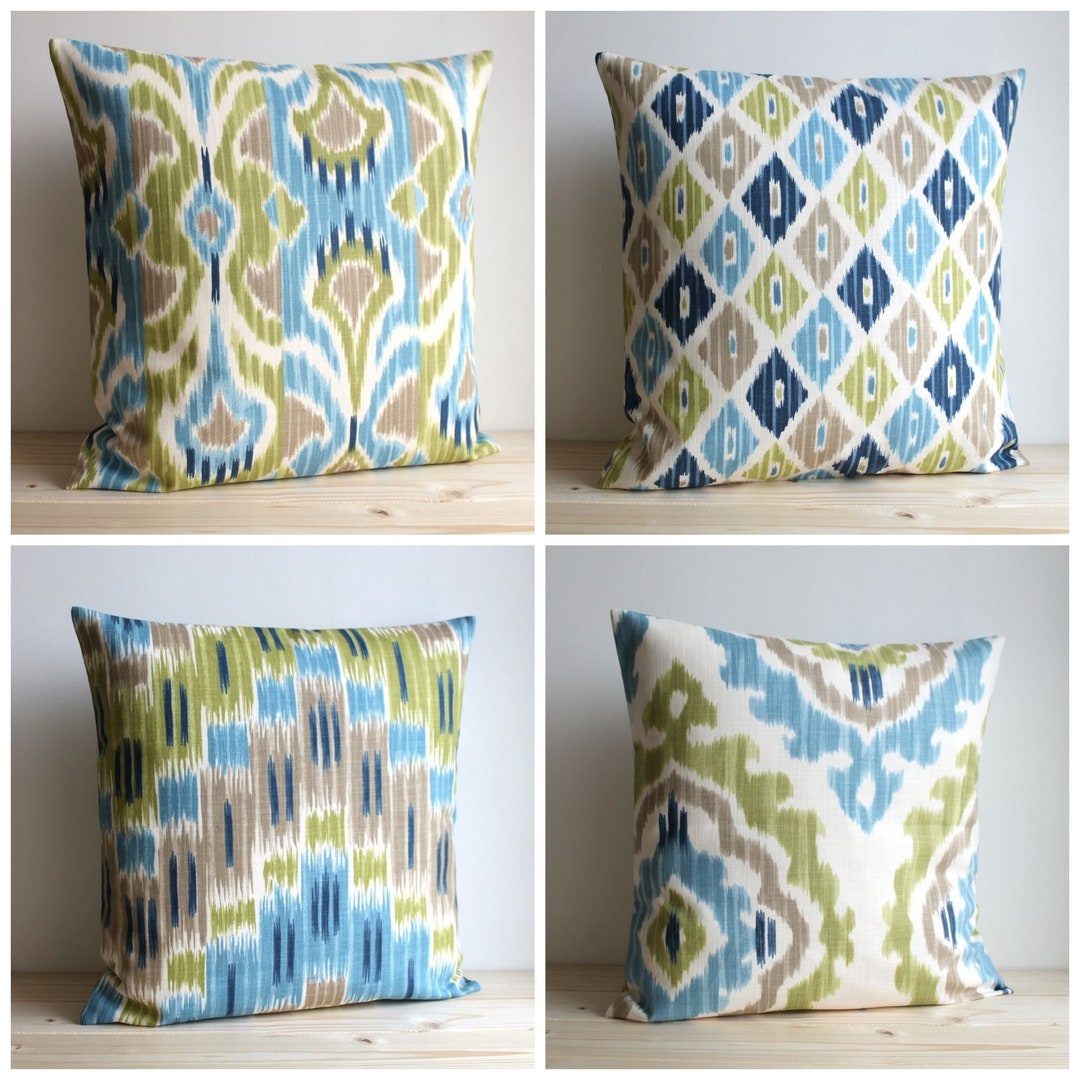 Blue and Green Ikat Cushion Cover, Ikat Linen Look Pillow Cover