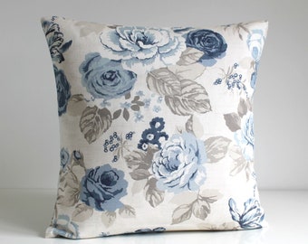 Shabby Chic, Decorative Pillow Cover, Floral Cushion Cover, Blue Pillow Sham, Cotton Pillowcase, Toss Pillow - Country Flowers Blue