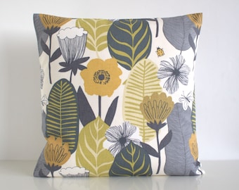 Mustard and Grey Pillow Cover, Cushion Cover with floral and foliage print, 16x16 18x18 Square Pillow Sham, Handmade in Great Britain