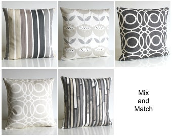 Mix and Match Cushion Cover Collection of Stripes Circles and Flowers, Pillow Cover in Neutral Colours of Greys and Beiges, Gift for Friends