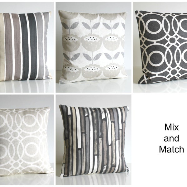 Mix and Match Cushion Cover Collection of Stripes Circles and Flowers, Pillow Cover in Neutral Colours of Greys and Beiges, Gift for Friends