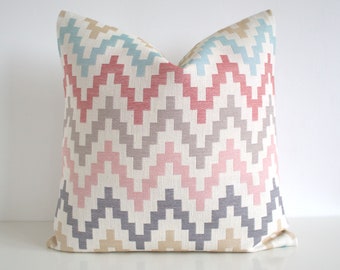 Geometric Scandi Cushion Cover, Heavy weight Zigzag Pillow Cover in Pink Blue Grey Red, Jacquard Woven Pillow Case, 16x16 inches 40x40 cm