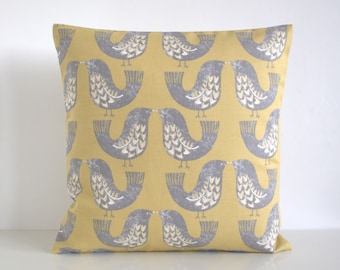 Mustard and Grey Cushion Cover, Pillow Cover featuring Nordic Doves, 16x16 18x18 Square Pillow Sham, Handmade in Great Britain