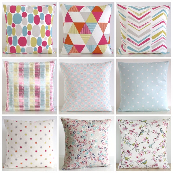 A Selection of Bold and Bright Pillow Covers with Dots Spots Lines and Angles, Geometric Cushion Cover in Pinks Blues and Greens, Gift Idea