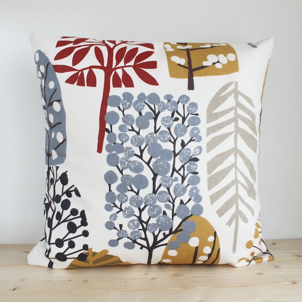 Scandi Cushion Cover with Multicoloured Trees, Scandinavian Pillow Cover in Blue and Gold, Handmade in UK, Ideal Gift for Modern Homes