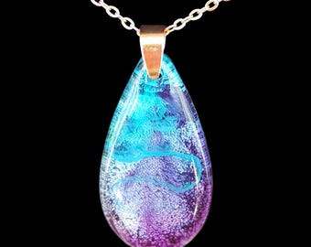 Rose gold chain and purple/blue pendant, resin, jewelry, unique, one-of-a-kind, epoxy resin