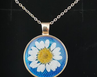 May include: A silver chain necklace with a circular pendant. The pendant displays a white daisy with a yellow centre set against a blue background. The daisy is encased in a gold-coloured metal frame.