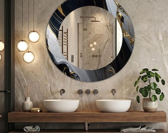 Black Gold Marble Wall Mirror, Modern Glass Bathroom Mirror