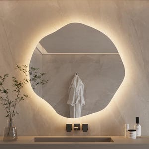 Circular Asymmetrical Wall Mirror, Round Glam Vanity Mirror for Powder Room, Modern Decorative Bathroom LED Mirror, Unique Wall Decor