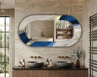 Green Gold Marble Wall Mirror, Modern Glass Bathroom Mirror