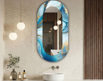 Blue Gold Marble Wall Mirror, Modern Decorative Bathroom Mirror