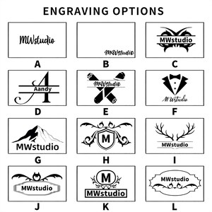 May include: A range of engraving options in black and white. The designs feature text, logos, and stylized graphics. The text "MWstudio" is present in several designs, alongside other text and graphics.