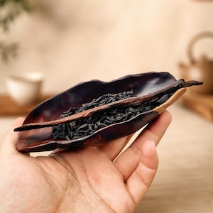 May include: A dark brown, organic-shaped wooden tea scoop with a smooth, polished interior containing loose-leaf black tea. A thin, matching wooden tea needle rests diagonally across the centre of the scoop, highlighting the natural wood grain.