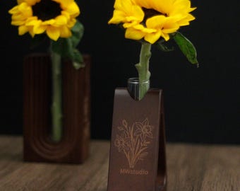 Personalized Engraved Walnut Wood Test Tube Vase,Minimalist Wooden Flower Vase,Custom Desk Home Decor Gift