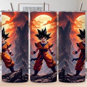 May include: Three stainless steel tumblers with a Dragon Ball Z character illustration. The design features the character in an orange outfit, set against a fiery sunset and a large moon. Each tumbler has a straw.