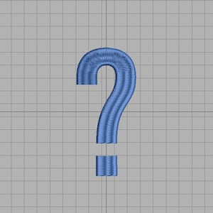 May include: A blue embroidered question mark on a grid background. The question mark is a stylized design, with a curved top and a straight line at the bottom. The embroidery has a textured appearance.
