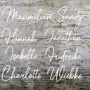 Puede incluir: Un fondo de madera con texto blanco en cursiva. Los nombres que se muestran son Maximilian Sandy, Hannah Jonathan, Isabelle, Frederike y Charlotte Wiebke. La madera tiene un color gris y marrón.