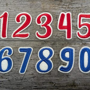 May include: Embroidered number patches in red and blue with white trim. Numbers 1 to 5 are red, and 6 to 0 are blue. The patches are displayed on a weathered, grey wooden surface.