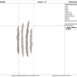 Könnte beinhalten: Ein Stickmuster mit einem Krallenabdruck, bestehend aus fünf vertikalen, gezackten Linien in Hellgrau. Das Design ist 17,69 cm hoch und 4,59 cm breit, vor einem weißen Hintergrund. Geeignet für Maschinenstickerei.