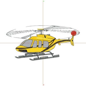Könnte beinhalten: Ein gelber Hubschrauber mit schwarzen Streifen und einem roten Rücklicht. Der Hubschrauber hat ein detailliertes Design der Rotorblätter und Landekufen. Das Bild ist vor einem weißen Hintergrund.