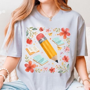 Floral Teacher Pencil PNG, Coquette Teacher Back To School Png, 1st Day Of School Png, Boho Floral Teacher Png, Brushstroke, School Girl Png