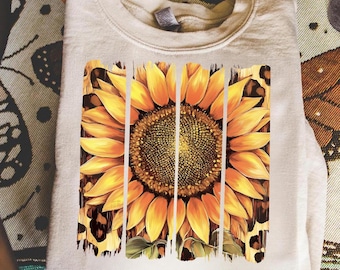 Fall Sunflower Brushstroke PNG, Boho Fall Sunflower PNG, Preppy Floral Png Download, Fall Floral Leopard Print Shirt Png, Fall Sublimation