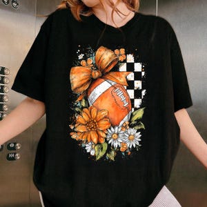 Fall Checkered Football Png, Game Day Png Fall Vibes Png,Autumn Png Boho Floral Football Png Touchdown Season Png, Coquette Football Bow Png