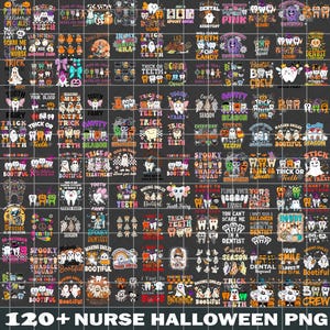 May include: A collection of over 120 Halloween-themed PNG graphics, featuring dental and nurse-related designs. The images include text like "Trick or Treat," "Bootiful," and "Spooky Squad," with various illustrations of teeth, ghosts, and pumpkins.