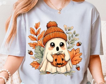 Cute Fall Ghost PNG – Autumn Ghost with Pumpkin Sublimation Design, Cozy Halloween Clipart, Digital Download