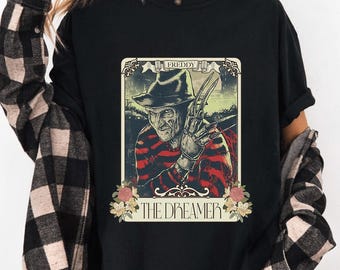 Freddy Krueger The Dreamer PNG, Horror Tarot Card Halloween Design, Nightmare on Elm Street Villain, Spooky Floral Frame Digital