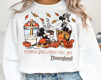 Cute Mickey Minnie Mouse Pumpkin Spice Everything Nice Autumn Leaves png, Disneyland Resort Fall Vibes Tee, Disney Family Halloween Trip