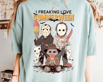 I Freaking Love Summerween PNG, Horror Movie Characters Ice Cream Digital Download, Funny Summer Halloween Sublimation Design