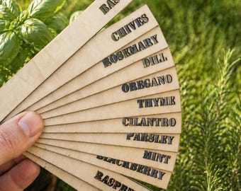Nowoczesne, grawerowane laserowo drewniane paliki do roślin, znaczniki do ogrodów ziołowych, etykiety do warzyw