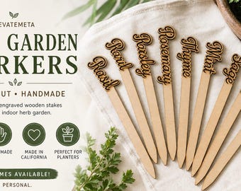 Laser Cut Wooden Herb Garden Markers – Basil, Rosemary, Mint, Thyme, Sage, Dill, Parsley