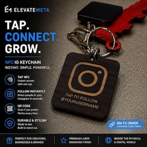 May include: A dark wooden Instagram-themed keychain with a laser-engraved logo and the text "TAP TO FOLLOW @YOURUSERNAME." The keychain is attached to a silver clasp and a red key. The image also includes the text "TAP. CONNECT. GROW."