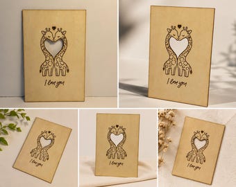 Wooden Anniversary Card, Laser Engraved Keepsake Gift for Wife or Husband, Unique Love Card, Giraffe Wood Greeting Card