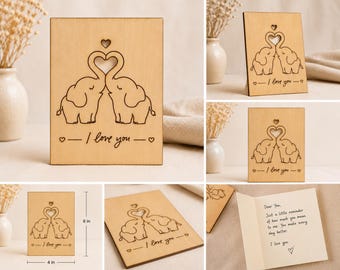 Elephant Handmade Wooden Love Card  Laser Engraved Keepsake Anniversary, Wedding, Valentines Day, Birthday Gift