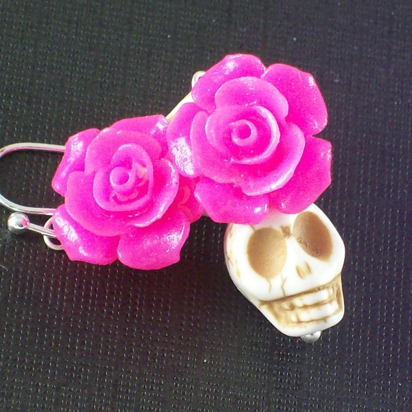 Sugar Skull and Hot Pink Rose earrings Day of the Dead Rose and Skull Earrings