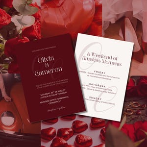 Luxury Red Wedding Invitation Template, Burgundy & Gold Invite Suite, Editable 5×7 Canva Wedding Stationery, RSVP, Details Card Included