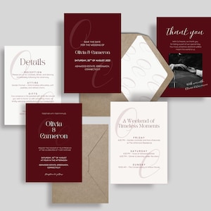 Set di modelli per inviti di nozze "Old Money" / Borgogna e avorio / Canva modificabile con monogramma / Elegante suite nuziale con biglietto di ringraziamento