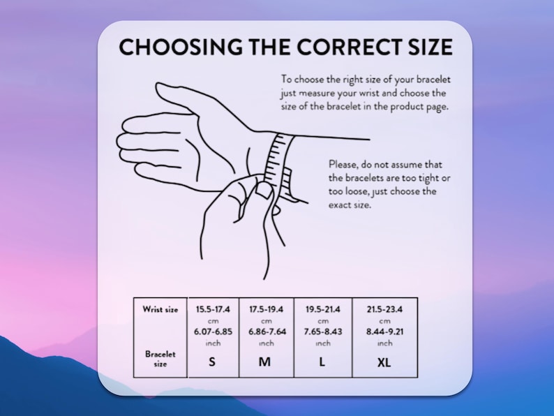 Puede incluir: Un gr&aacute;fico blanco con instrucciones sobre c&oacute;mo medir la mu&ntilde;eca para el tama&ntilde;o de la pulsera. El texto dice "ELIGE LA TALLA CORRECTA". Muestra una mano que se mide con una regla. Los tama&ntilde;os de mu&ntilde;eca se enumeran en cm y pulgadas.