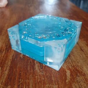 Può includere: Un set di sottobicchieri quadrati in resina blu e trasparente. I sottobicchieri hanno un effetto glitterato e scintillante e sono tenuti in un supporto in resina trasparente. Il set è esposto su una superficie di legno.