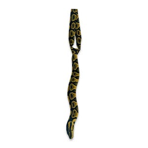 May include: A novelty necktie with a snake pattern. The tie has a black base with yellow and brown oval markings, resembling a snake's skin. The tie is knotted at the top and hangs vertically.