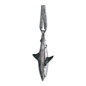 May include: A necktie featuring a realistic shark illustration in shades of grey, black, and white. The shark is oriented vertically, with its head pointing downward toward the narrow end of the tie, and a grey fabric loop at the top.