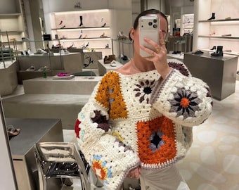 Handmade Crochet Granny Square Sweater, Boho Patchwork Pullover
